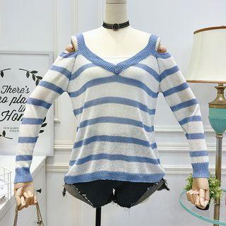 Off-shoulder V-neck Striped Knit Top