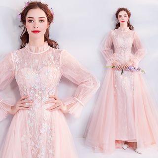 Long-sleeve Floral Detail A-line Maxi Wedding Dress