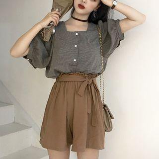Short-sleeve Square Neck Blouse / High-waist Shorts