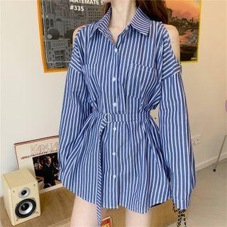 Off Shoulder Striped Shirt Dress