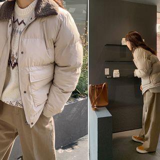 Fleece-collar Padded Jacket Beige - One Size