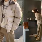 Fleece-collar Padded Jacket Beige - One Size