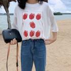 3/4-sleeve Strawberry Print T-shirt