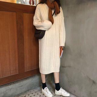 Plain Long-sleeve Knit Hoodie Dress