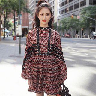 Long-sleeve Patterned Mini Pleated Dress