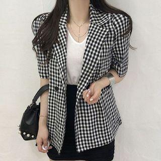 Single-button Plaid Blazer Black & White - One Size