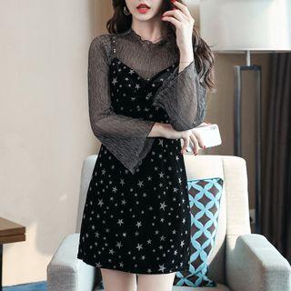 Set: Bell-sleeve Top + Spaghetti Strap Star Print Mini Velvet Dress