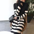 Long-sleeve Turtleneck Striped Panel Midi Knit Dress Black - One Size