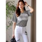 Lovely Tulle-detail Stripe T-shirt Black - One Size