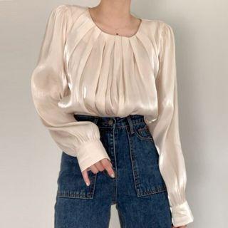Long-sleeve Plain Silk Blouse Almond - One Size