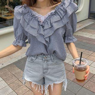 Off-shoulder Frilled Gingham Blouse