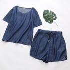Set: Denim Short-sleeve Top + Shorts