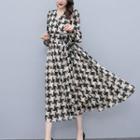 Lantern-sleeve V-neck Houndstooth Midi A-line Dress