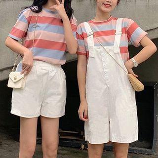 Striped Short-sleeve T-shirt / Band-waist Shorts / Buttoned Suspender Shorts / Set