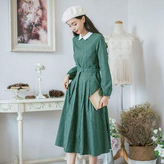 Long-sleeve Striped Lace Collar Midi A-line Dress