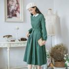 Long-sleeve Striped Lace Collar Midi A-line Dress
