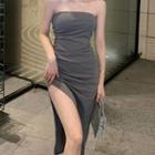 Asymmetrical Strapless Shirred Slit Sheath Dress