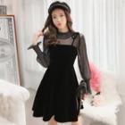 Set: Long Sleeve Mesh Top + Spaghetti Strap Dress