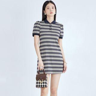 Short-sleeve Polo Neck Argyle Mini Sheath Dress