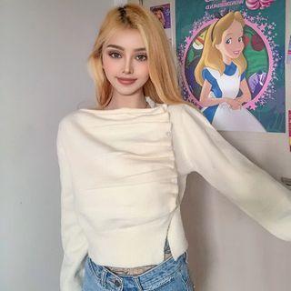 Long-sleeve Embellished Knit Crop Top Almond - One Size