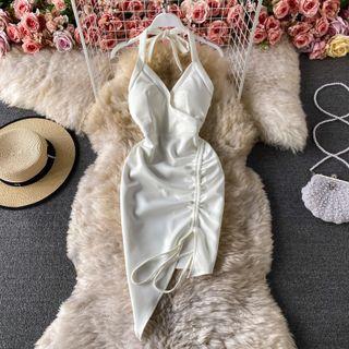 Plain Drawstring Halter Asymmetrical Dress
