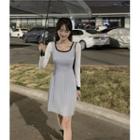 Long-sleeve Contrast Trim Knit A-line Dress Light Gray - One Size