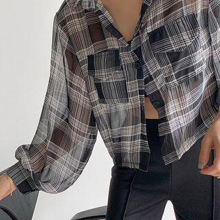 Flap-pocket Sheer Crop Plaid Shirt