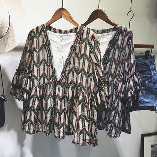 Elbow-sleeve Patterned Mock Two Piece Top