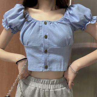 Square Neck Puff Sleeve Button Up Top