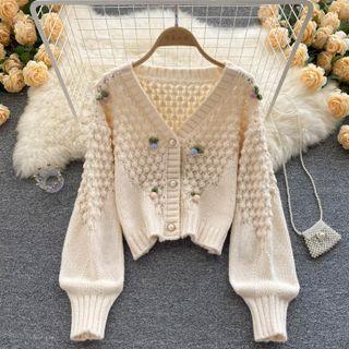 V-neck Berries-accent Cropped Cardigan Jacket