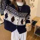 Color-block Argyle Round-neck Cardigan