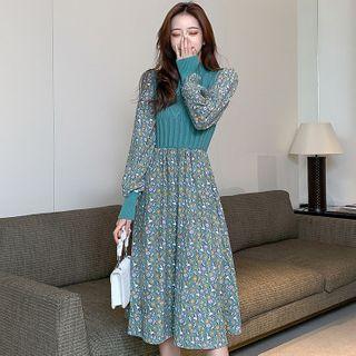 Knit Panel Puff-sleeve Floral Print A-line Dress
