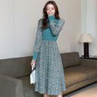 Knit Panel Puff-sleeve Floral Print A-line Dress