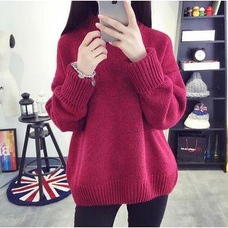 Plain Long-sleeve Knit Top Silver - One Size