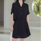Set: Shirt-sleeve Plain Shirt + Mini A-line Skirt Black - One Size