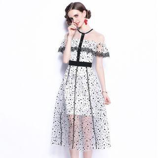 Short-sleeve Off-shoulder Dotted Mesh Midi A-line Dress