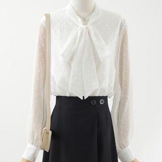 Dotted Bow Accent Blouse / High Waist Midi A-line Skirt
