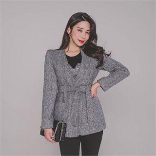 Lapelless Open-front Wool Blend Blazer With Sash