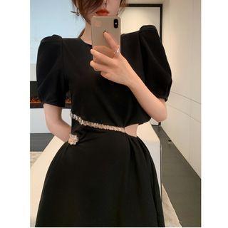 Puff-sleeve Cutout Sequined Dress