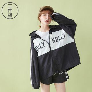 Set: Letter Zip Jacket + Striped Trim Shorts Black - One Size
