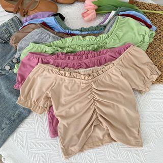 Boatneck Ruffled-trim Ruched Crop T-shirt In 11 Colors