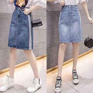 High Waist Contrast Trim Denim Skirt