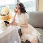 Short-sleeve V-neck Lace Ruffled Dress