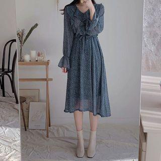 Long-sleeve Flower Print Ruffle Midi A-line Dress