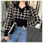 Long-sleeve Houndstooth Knit Top Black - One Size