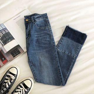 Color-block Frayed High-waist Straight-cut Jeans