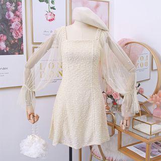 Mesh-sleeve Square-neck Mini Dress