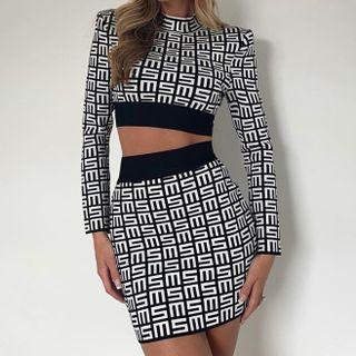 Set: Padded Shoulder Mock Neck Printed Crop Top + Skirt