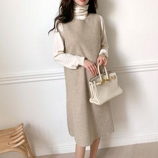 Sleeveless Woolen Shift Dress Beige - One Size