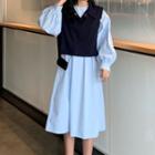 Puff-sleeve Midi Dress / Buttoned Vest